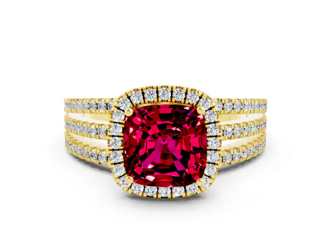 Yellow gold {shape_name} Garnet Halo Engagement Ring with Split Shank and Four-Prong Setting
