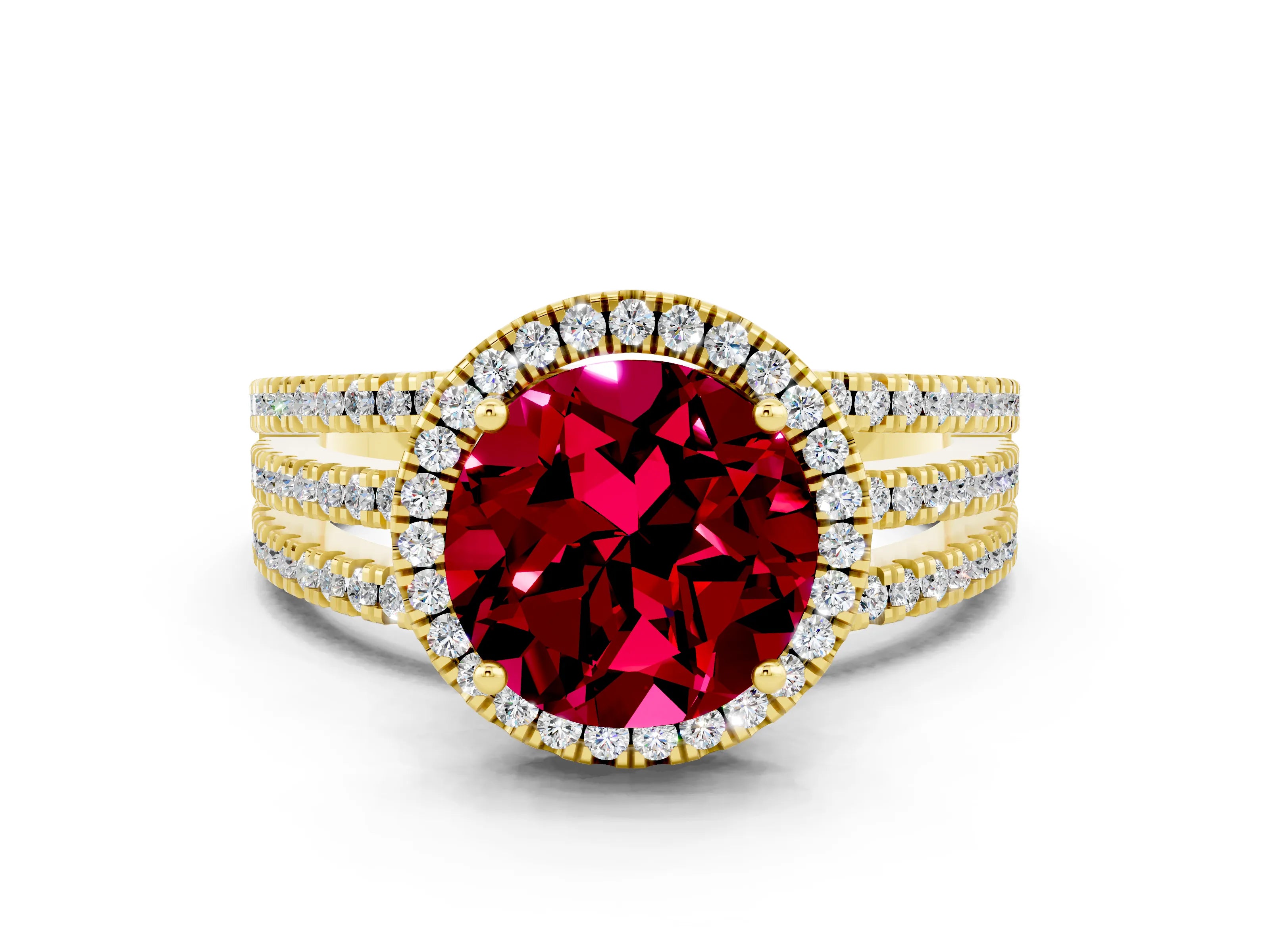 Yellow gold {shape_name} Garnet Halo Engagement Ring with Split Shank and Four-Prong Setting