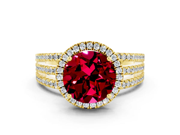 Yellow gold Round Cut Garnet Halo Engagement Ring with Split Shank and Four-Prong Setting