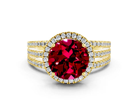 Yellow gold {shape_name} Garnet Halo Engagement Ring with Split Shank and Four-Prong Setting