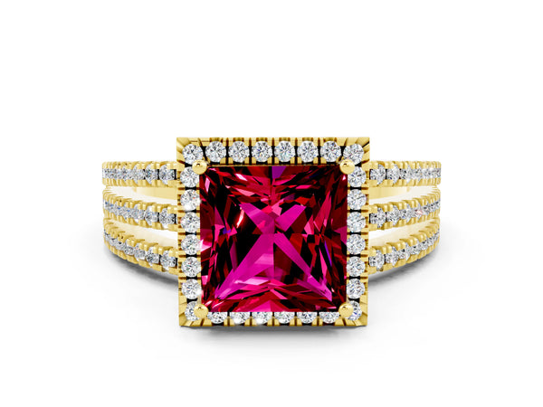 Yellow gold Princess Cut Garnet Halo Engagement Ring with Split Shank and Four-Prong Setting