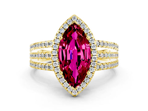 Yellow gold {shape_name} Garnet Halo Engagement Ring with Split Shank and Four-Prong Setting