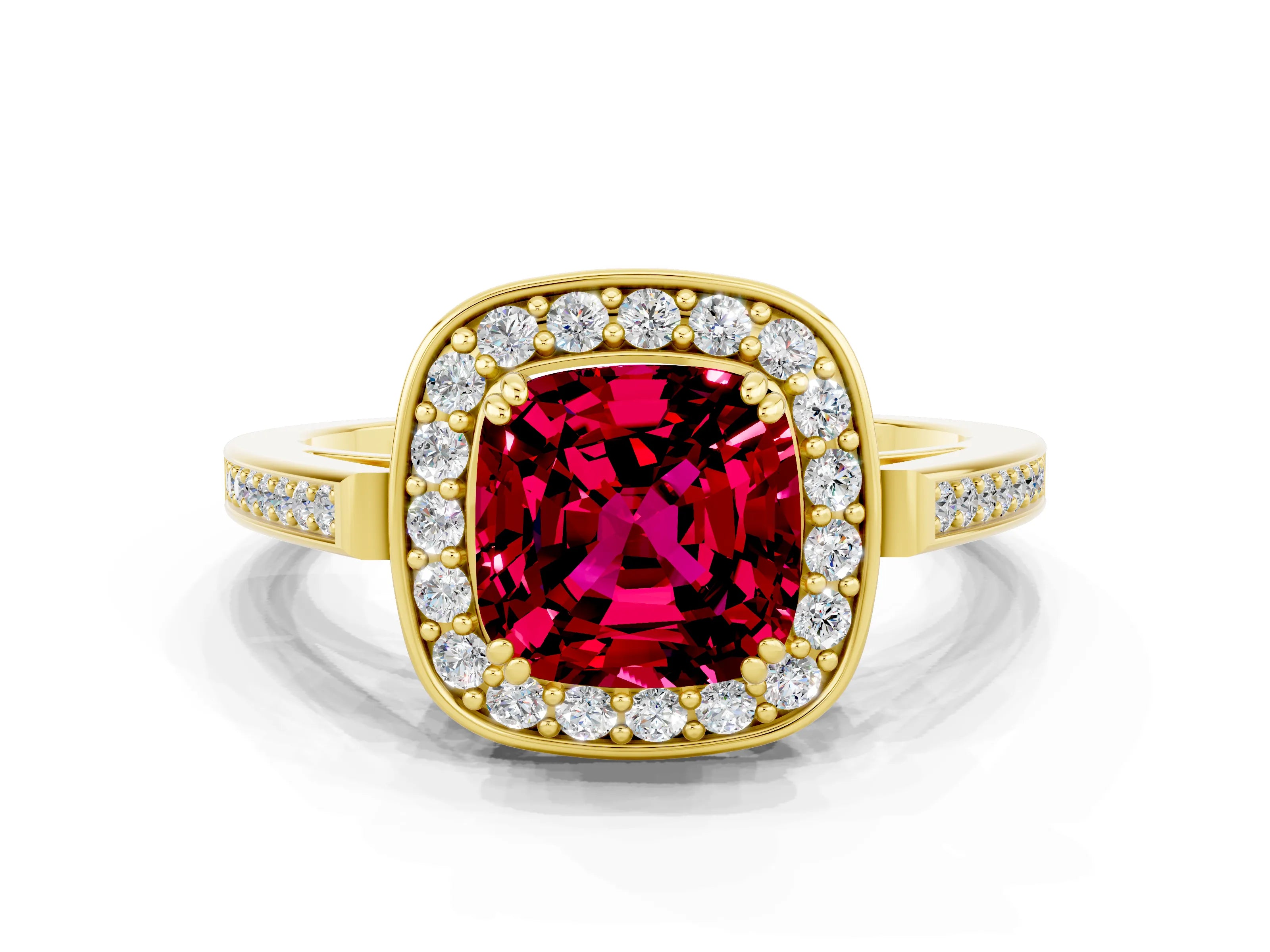 Yellow gold {shape_name} Garnet Halo Ring with Split Shank and Four-Prong Setting