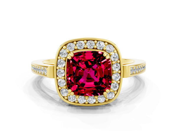 Yellow gold Cushion Cut Garnet Halo Ring with Split Shank and Four-Prong Setting