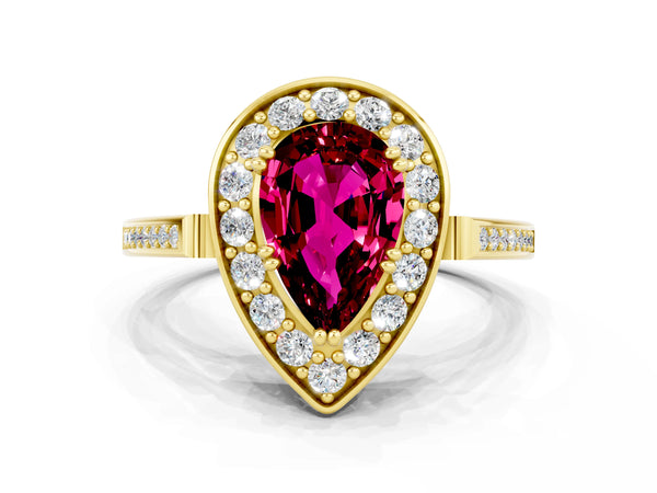 Yellow gold Pear Cut Garnet Halo Ring with Split Shank and Four-Prong Setting