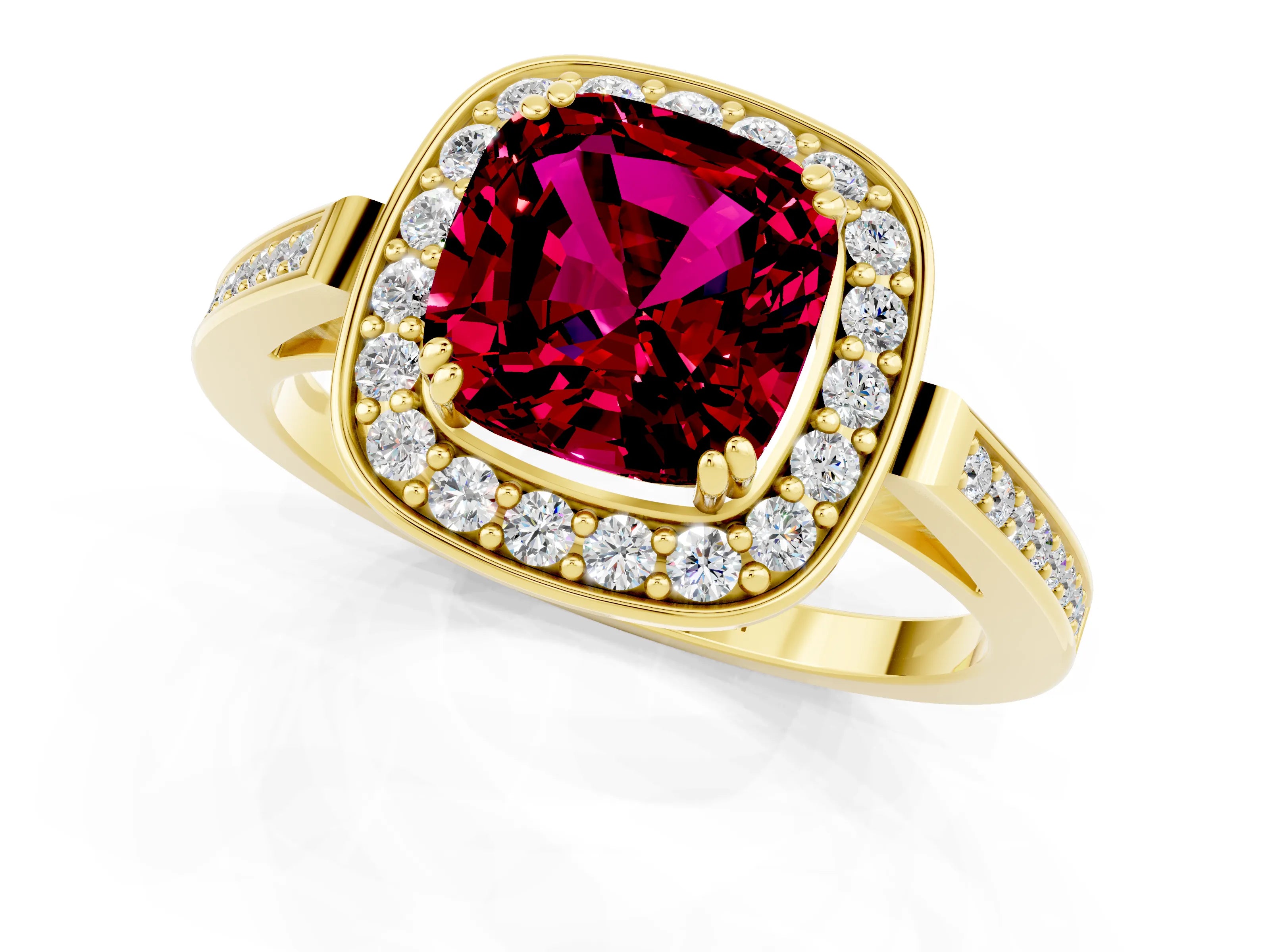 Yellow gold {shape_name} Garnet Halo Ring with Split Shank and Four-Prong Setting_1