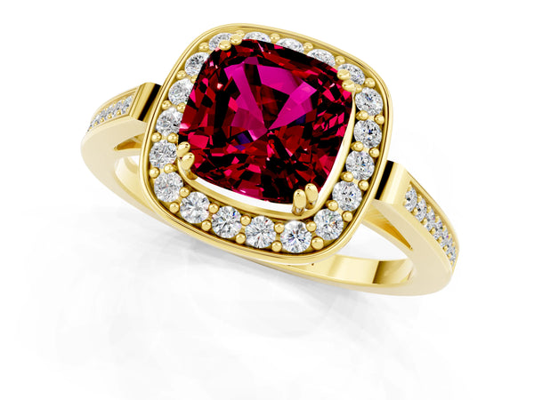 Yellow gold Cushion Cut Garnet Halo Ring with Split Shank and Four-Prong Setting