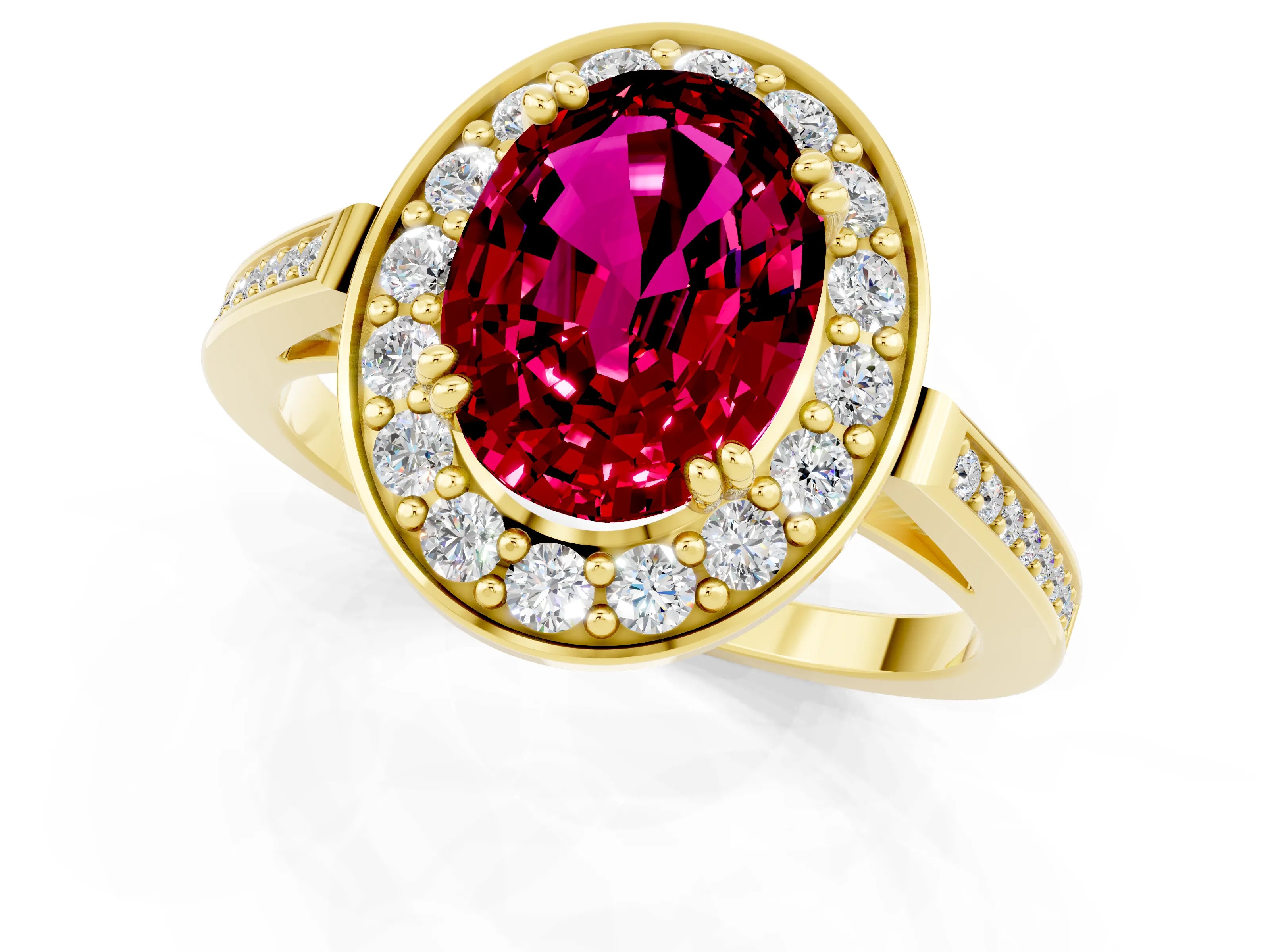 Yellow gold {shape_name} Garnet Halo Ring with Split Shank and Four-Prong Setting_1