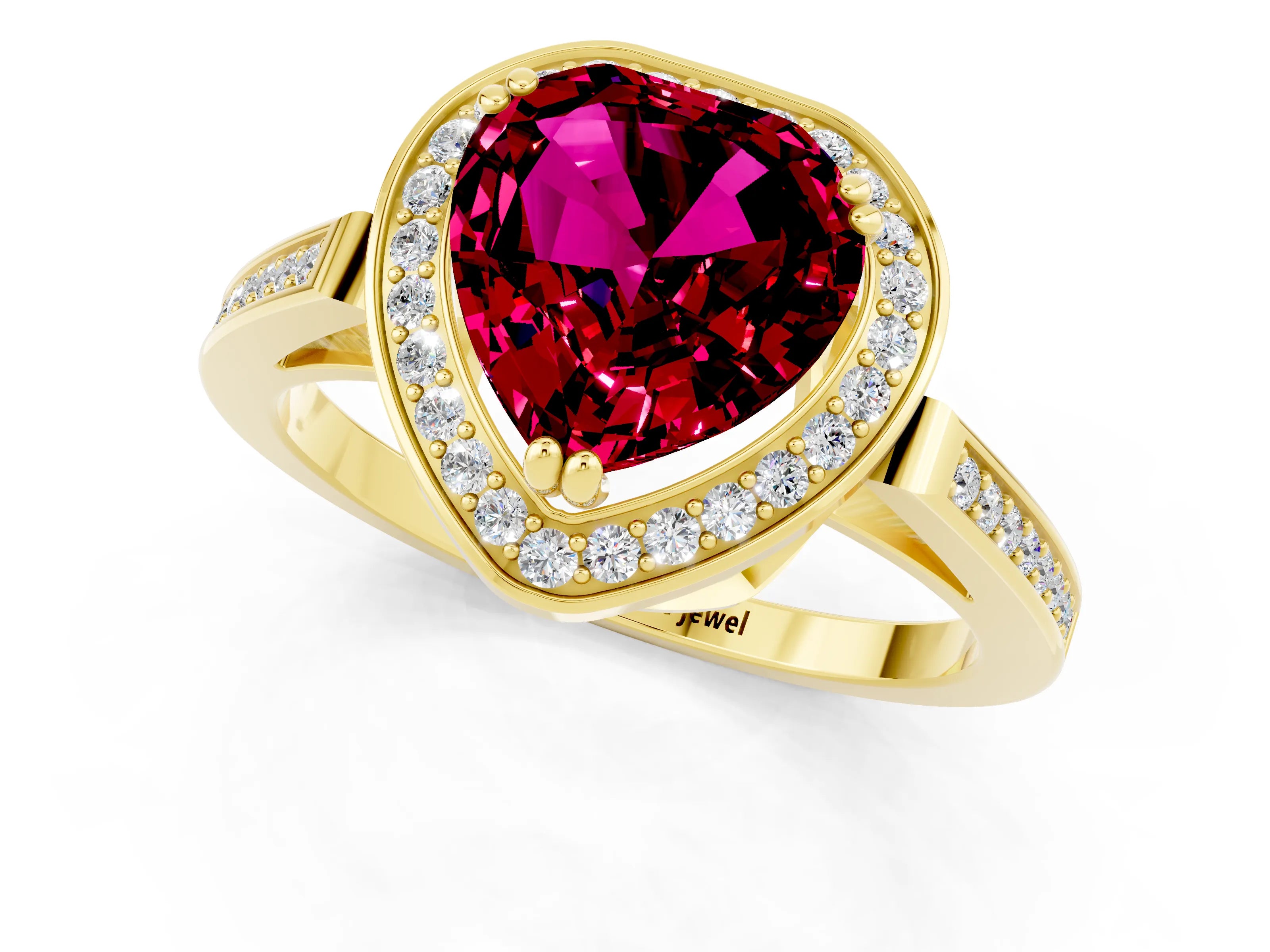 Yellow gold {shape_name} Garnet Halo Ring with Split Shank and Four-Prong Setting_1
