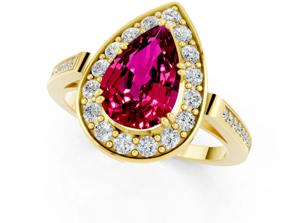 Yellow gold Pear Cut Garnet Halo Ring with Split Shank and Four-Prong Setting