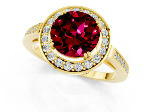 Yellow gold {shape_name} Garnet Halo Ring with Split Shank and Four-Prong Setting_1