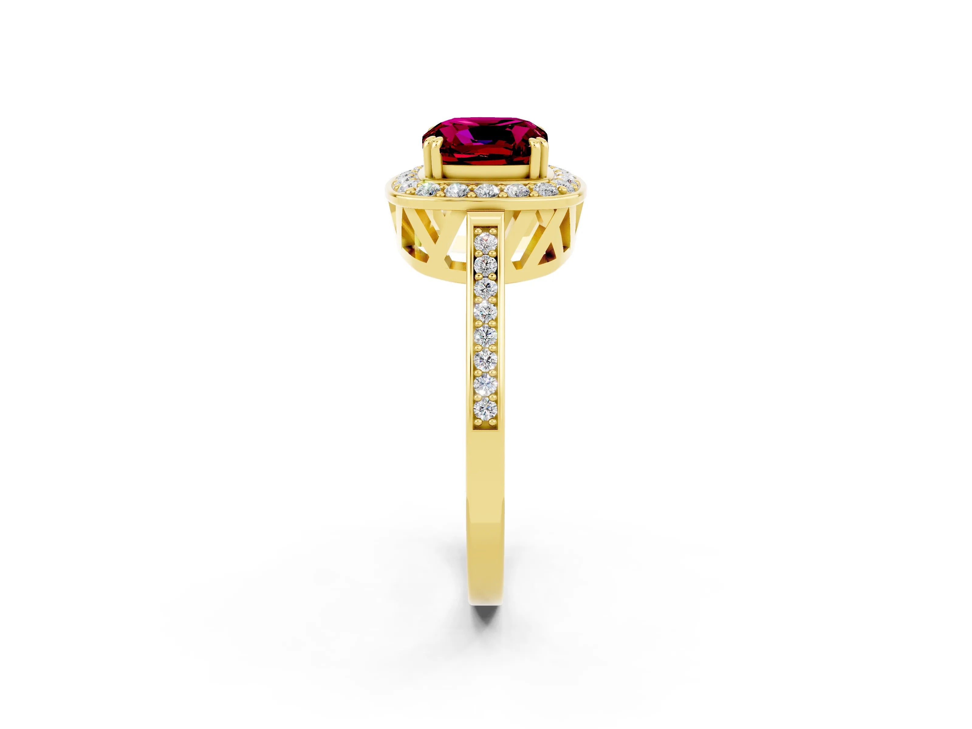 Yellow gold {shape_name} Garnet Halo Ring with Split Shank and Four-Prong Setting_2