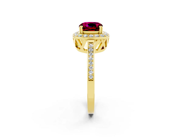Yellow gold Cushion Cut Garnet Halo Ring with Split Shank and Four-Prong Setting