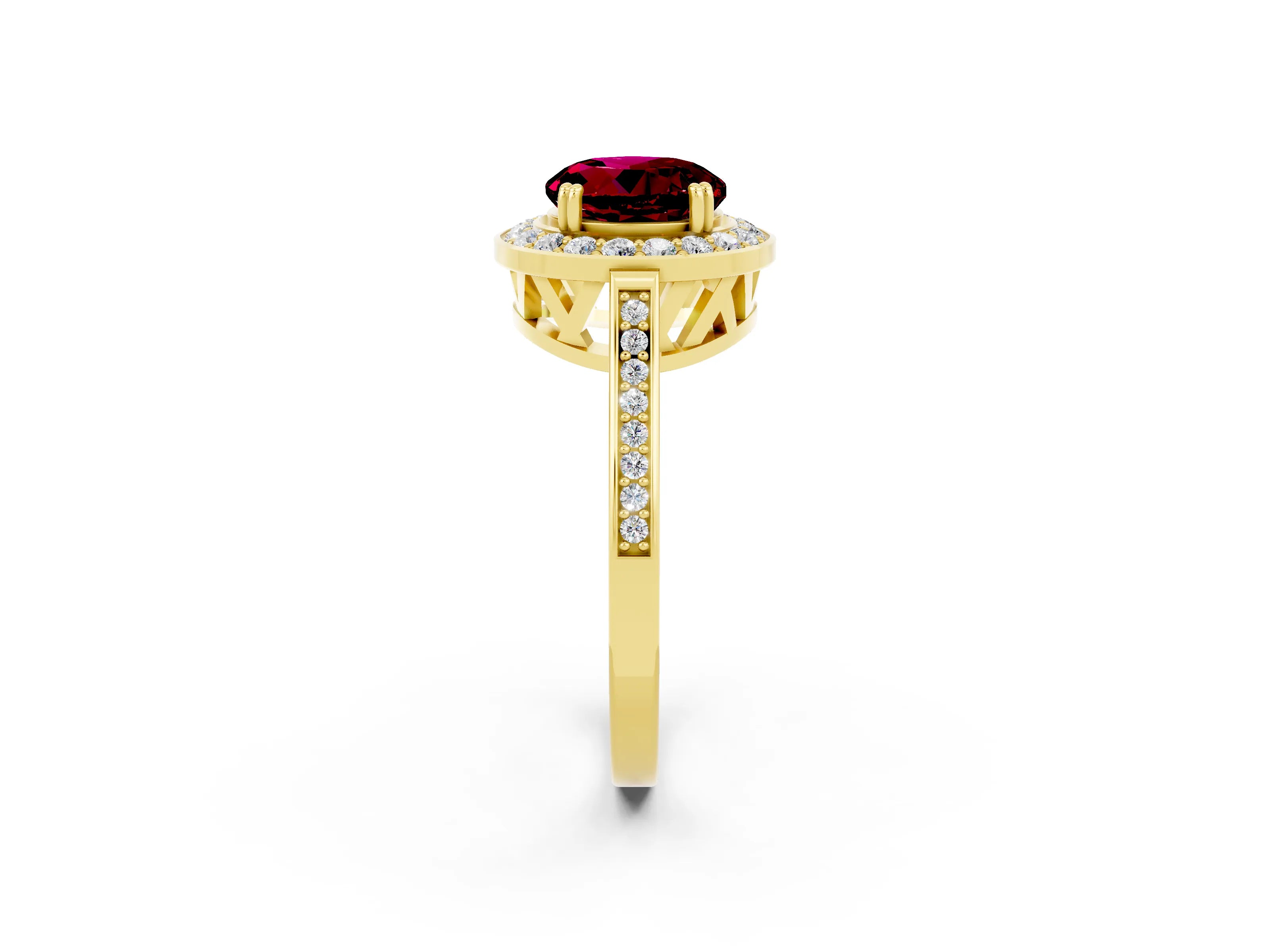 Yellow gold {shape_name} Garnet Halo Ring with Split Shank and Four-Prong Setting_2