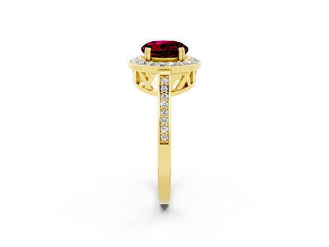 Yellow gold {shape_name} Garnet Halo Ring with Split Shank and Four-Prong Setting_2