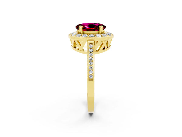 Yellow gold Oval Cut Garnet Halo Ring with Split Shank and Four-Prong Setting