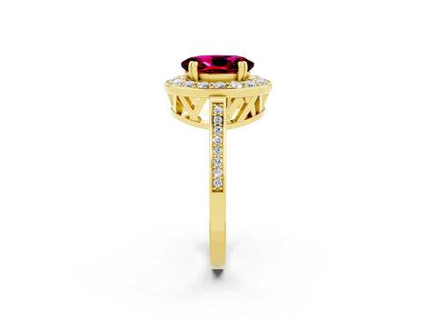 Yellow gold {shape_name} Garnet Halo Ring with Split Shank and Four-Prong Setting_2