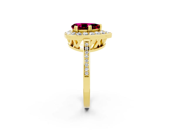 Yellow gold Pear Cut Garnet Halo Ring with Split Shank and Four-Prong Setting