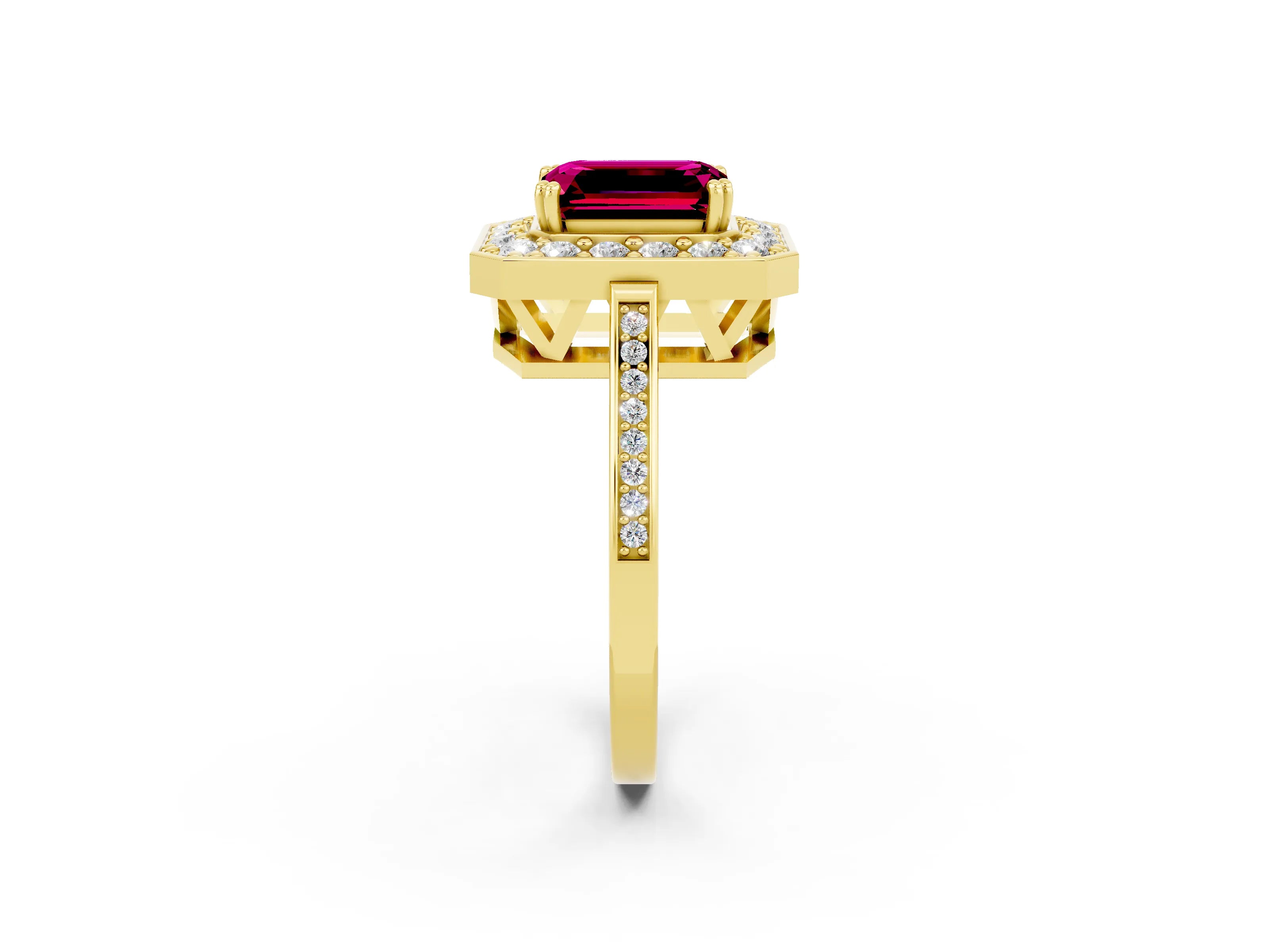Yellow gold {shape_name} Garnet Halo Ring with Split Shank and Four-Prong Setting_2