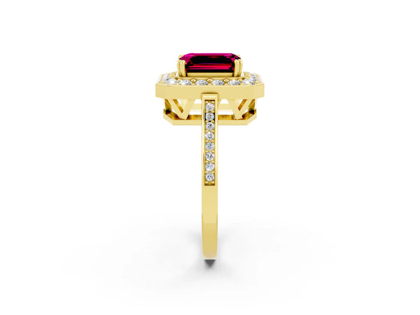 Yellow gold Emerald Cut Garnet Halo Ring with Split Shank and Four-Prong Setting