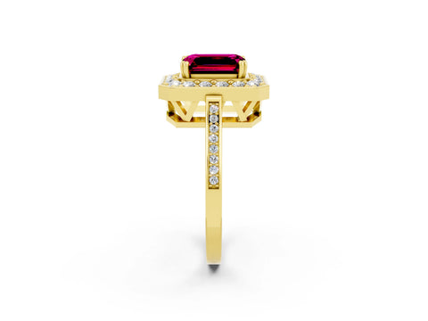 Yellow gold {shape_name} Garnet Halo Ring with Split Shank and Four-Prong Setting_2