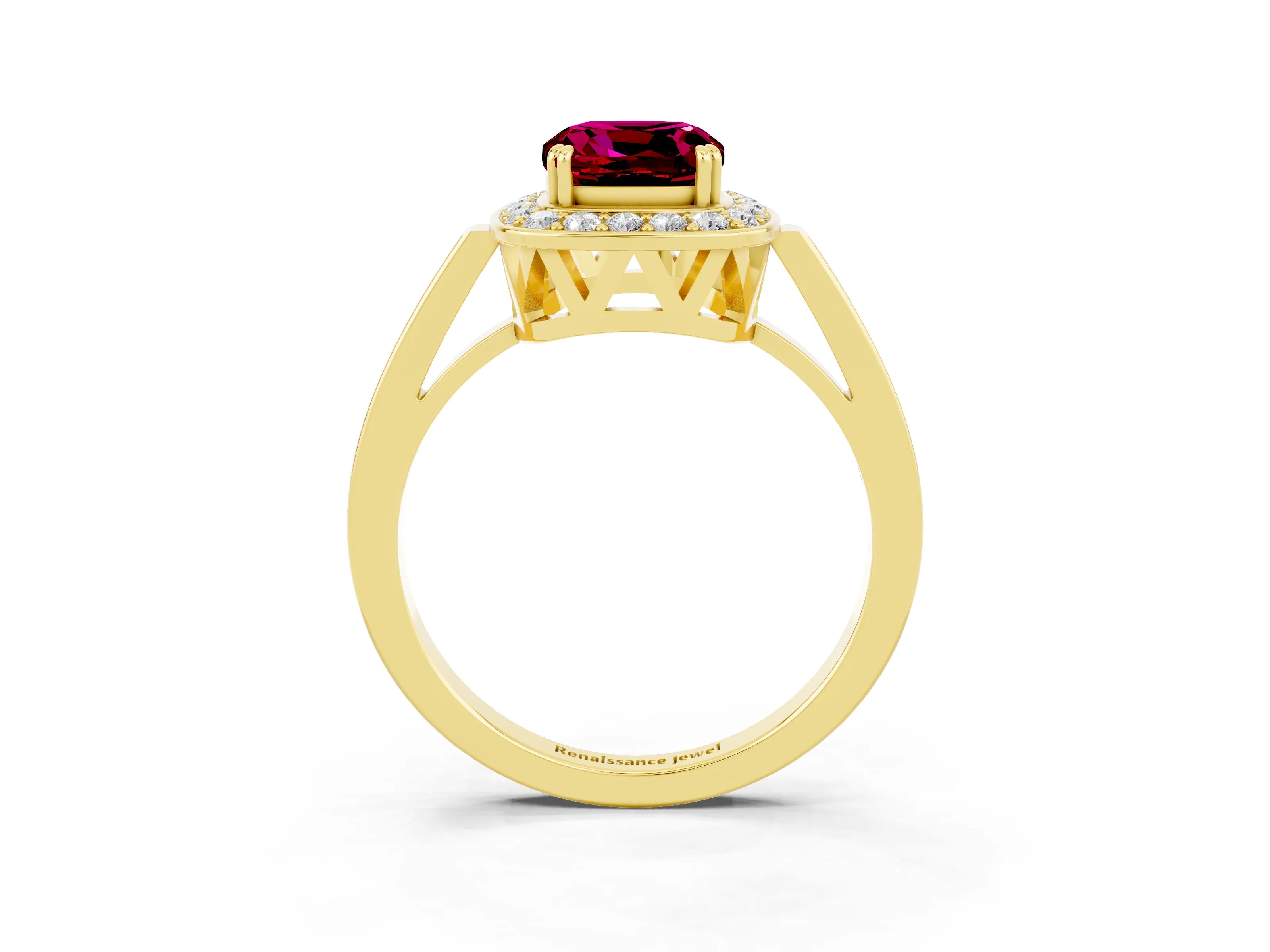 Yellow gold {shape_name} Garnet Halo Ring with Split Shank and Four-Prong Setting_3