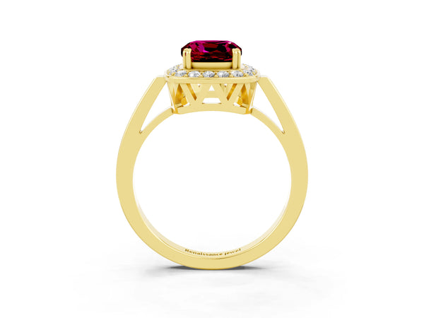 Yellow gold Cushion Cut Garnet Halo Ring with Split Shank and Four-Prong Setting