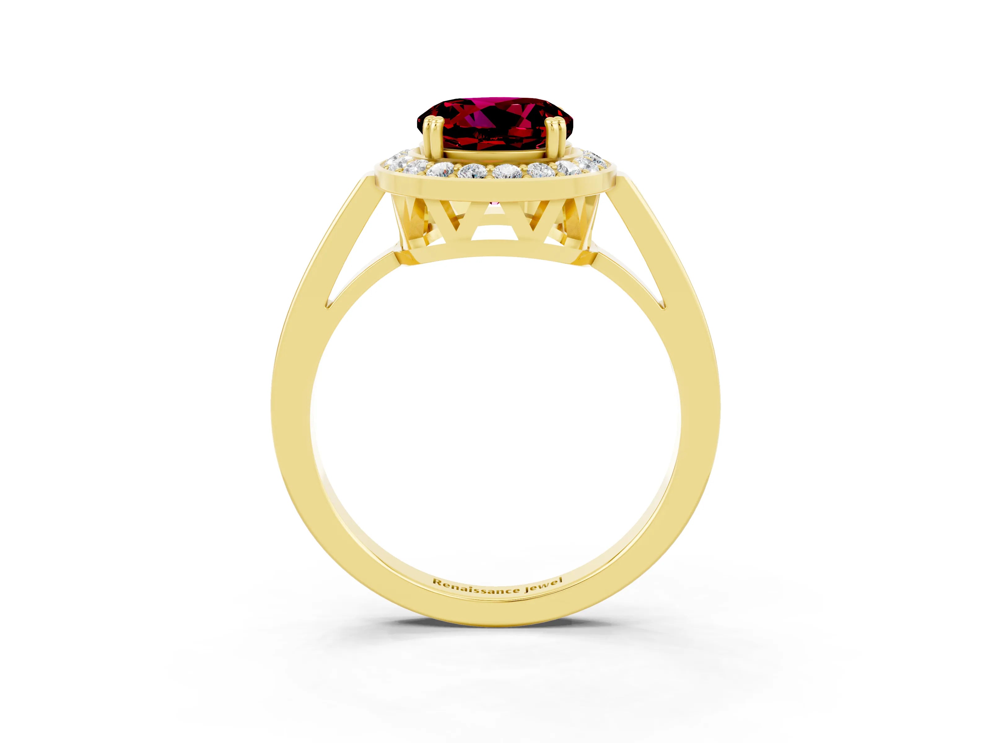 Yellow gold {shape_name} Garnet Halo Ring with Split Shank and Four-Prong Setting_3
