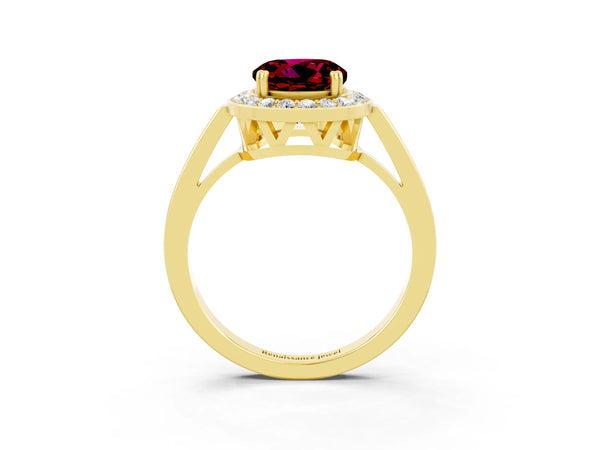 Yellow gold Round Cut Garnet Halo Ring with Split Shank and Four-Prong Setting