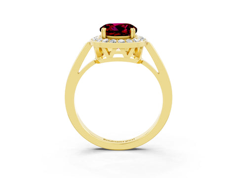 Yellow gold {shape_name} Garnet Halo Ring with Split Shank and Four-Prong Setting_3