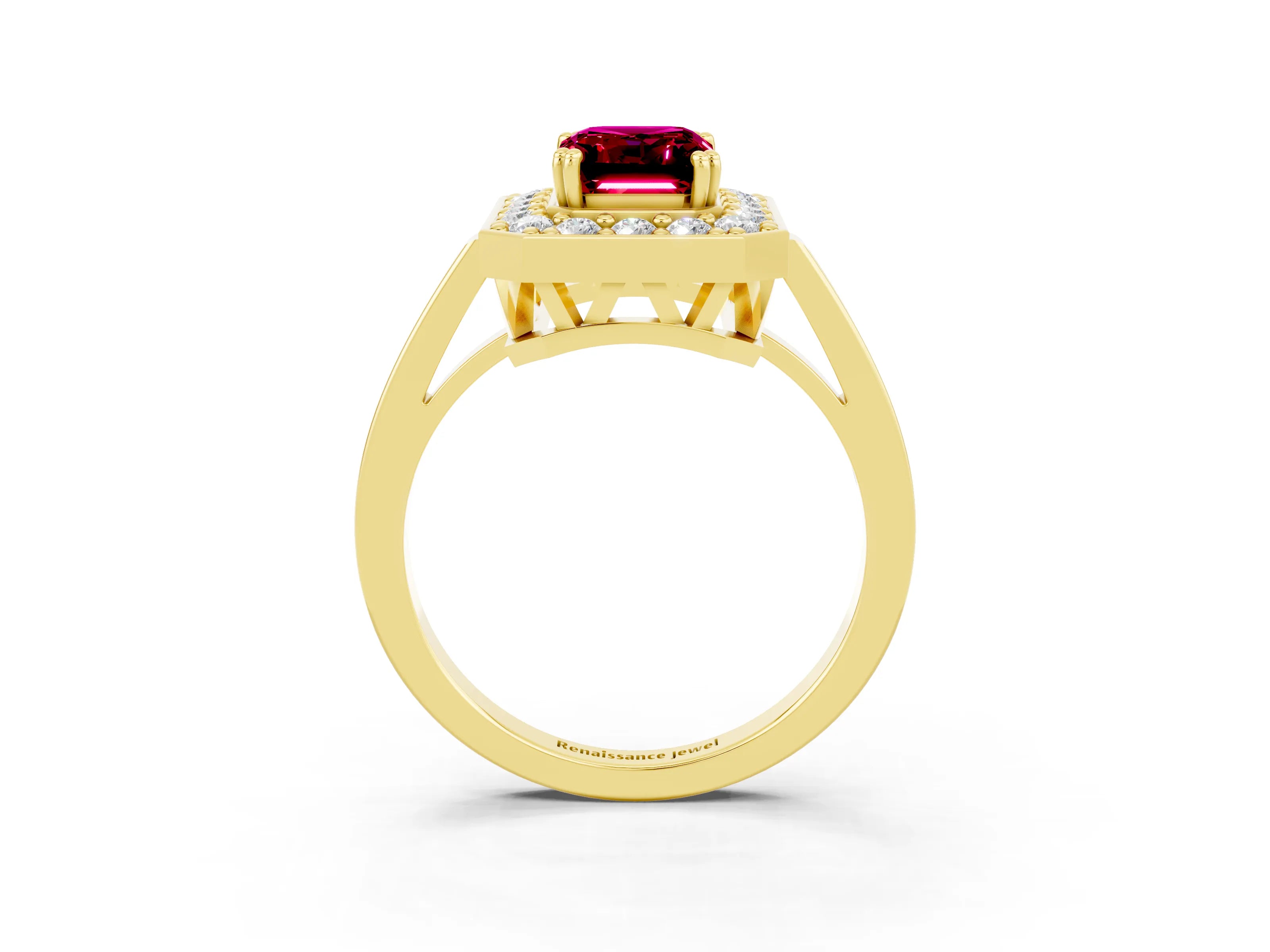 Yellow gold {shape_name} Garnet Halo Ring with Split Shank and Four-Prong Setting_3