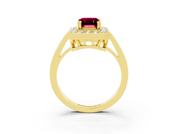 Yellow gold Emerald Cut Garnet Halo Ring with Split Shank and Four-Prong Setting