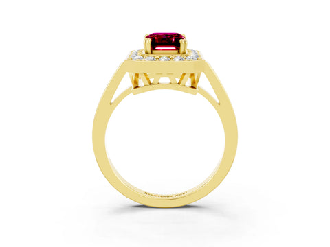 Yellow gold {shape_name} Garnet Halo Ring with Split Shank and Four-Prong Setting_3