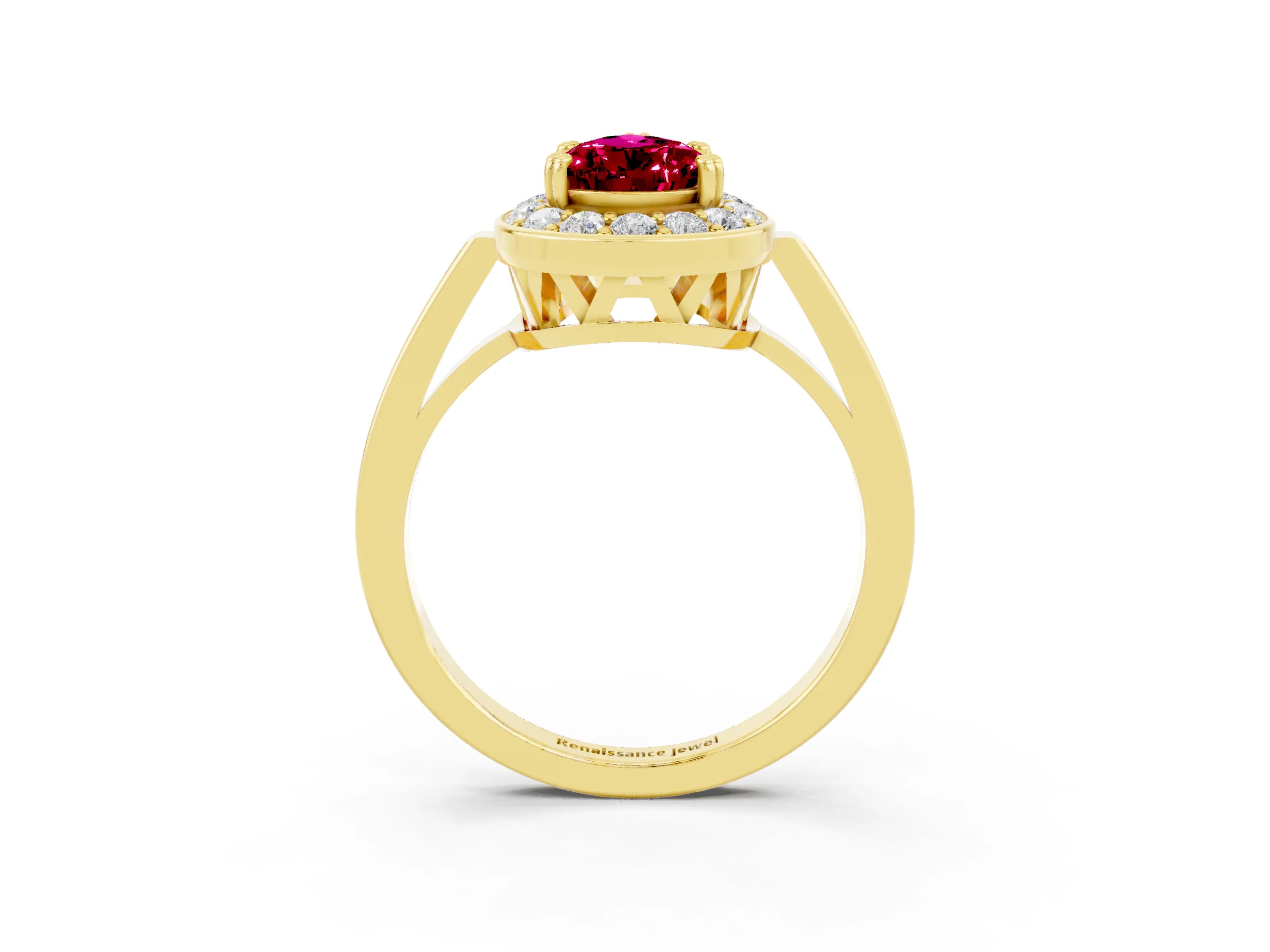 Yellow gold {shape_name} Garnet Halo Ring with Split Shank and Four-Prong Setting_3