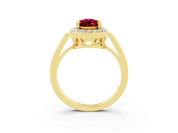 Yellow gold Pear Cut Garnet Halo Ring with Split Shank and Four-Prong Setting