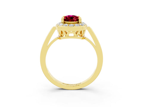 Yellow gold {shape_name} Garnet Halo Ring with Split Shank and Four-Prong Setting_3