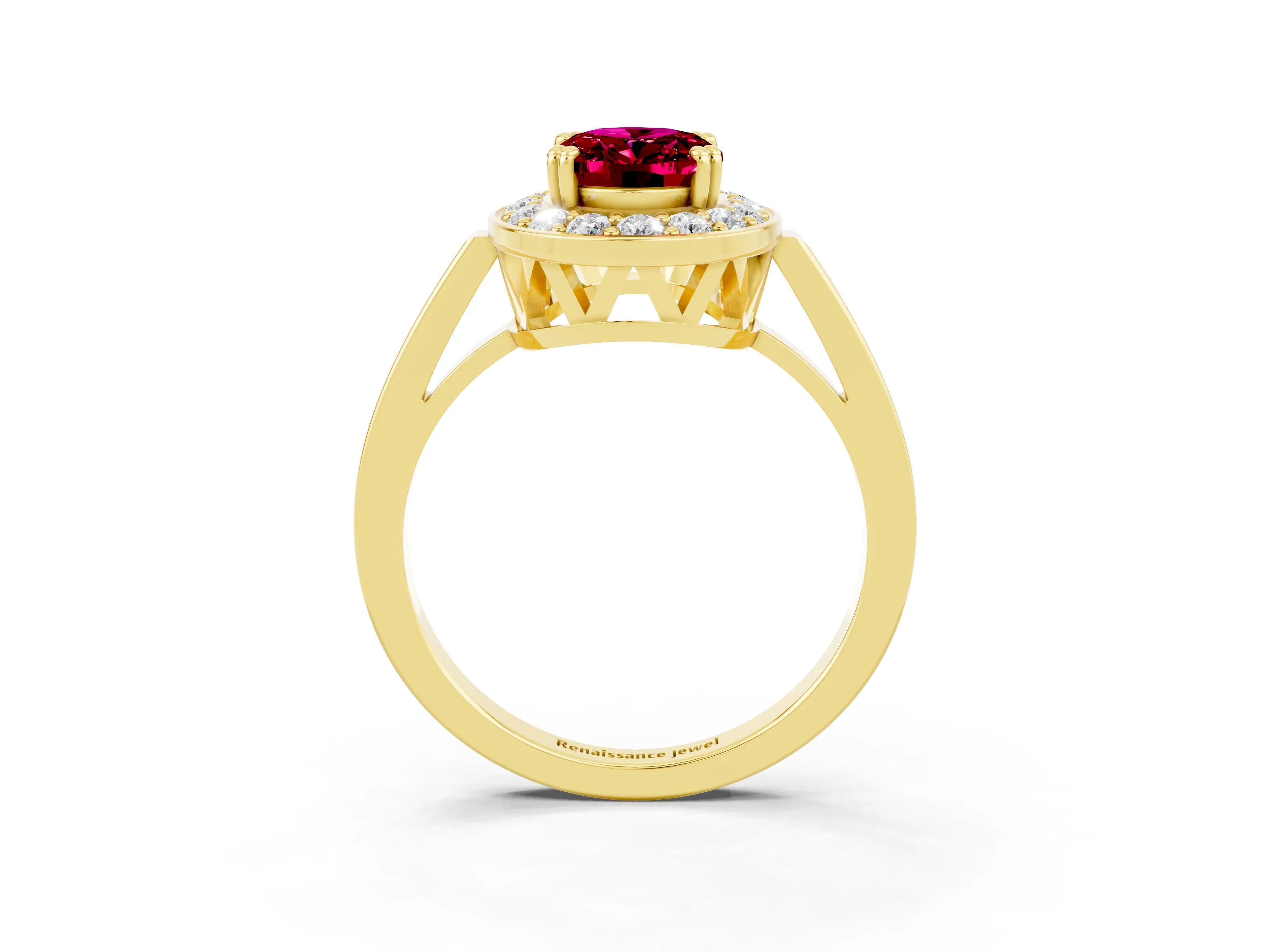 Yellow gold {shape_name} Garnet Halo Ring with Split Shank and Four-Prong Setting_3