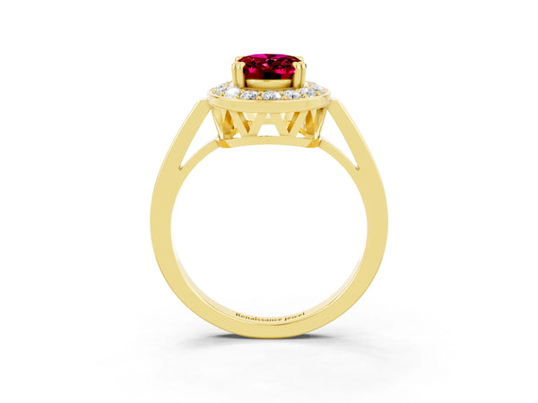 Yellow gold Oval Cut Garnet Halo Ring with Split Shank and Four-Prong Setting