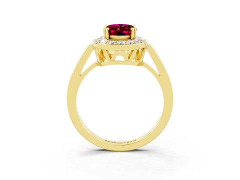 Yellow gold {shape_name} Garnet Halo Ring with Split Shank and Four-Prong Setting_3