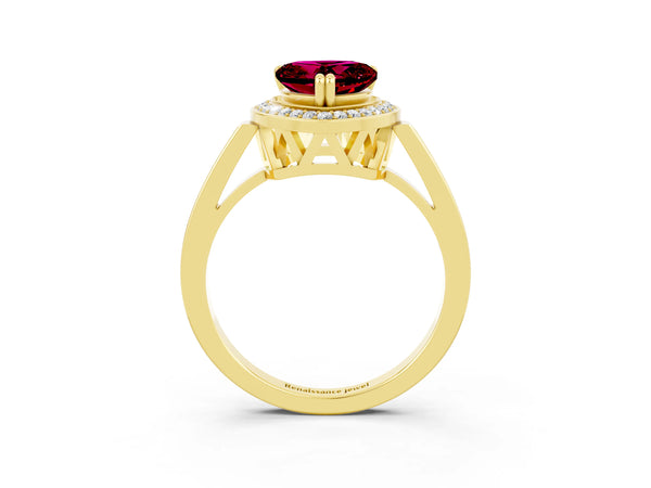 Yellow gold Heart Cut Garnet Halo Ring with Split Shank and Four-Prong Setting