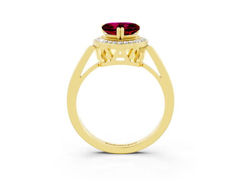Yellow gold {shape_name} Garnet Halo Ring with Split Shank and Four-Prong Setting_3
