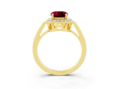 Yellow gold {shape_name} Garnet Halo Ring with Split Shank and Four-Prong Setting_3