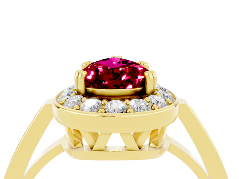 Yellow gold {shape_name} Garnet Halo Ring with Split Shank and Four-Prong Setting_4