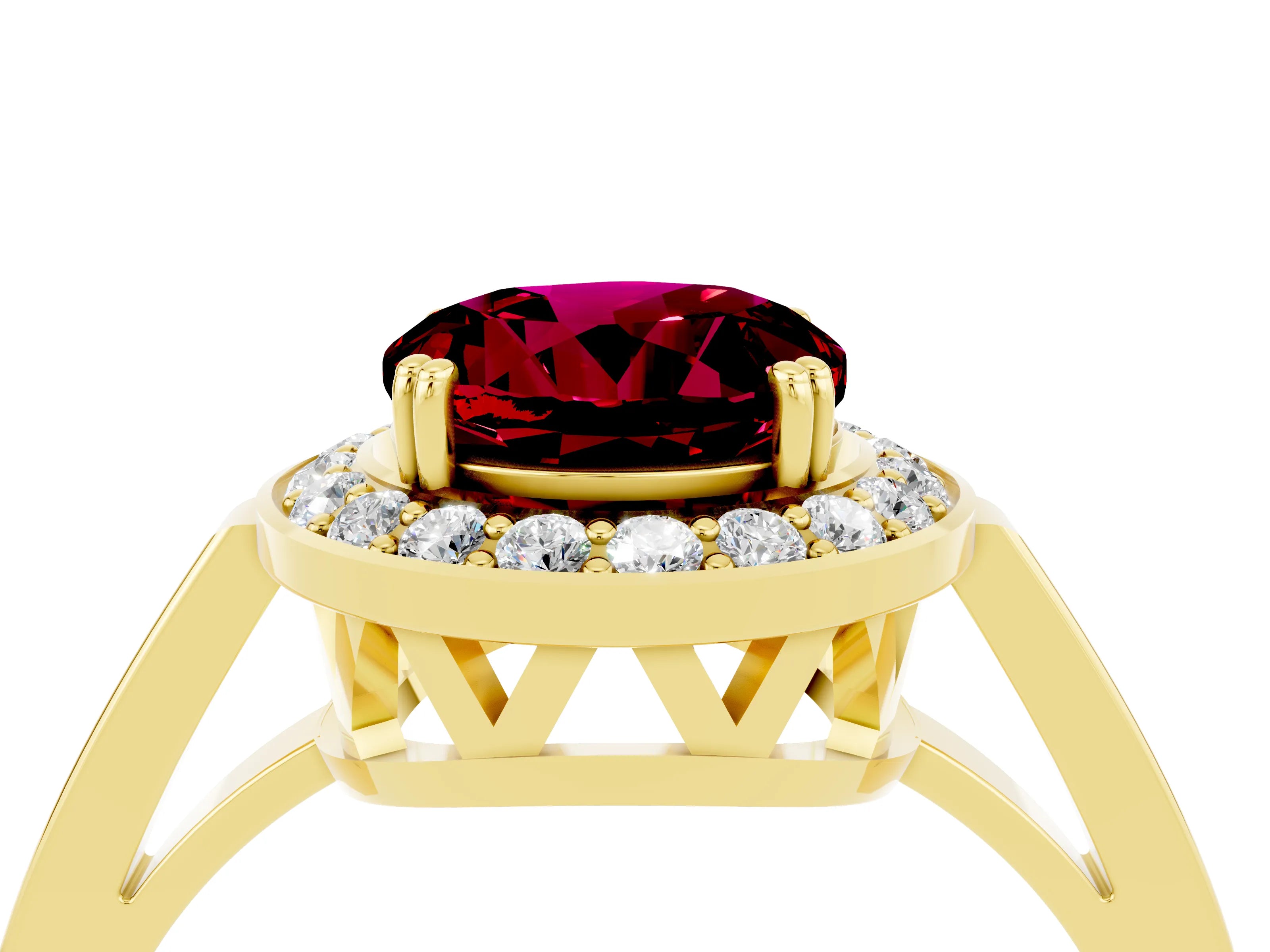 Yellow gold {shape_name} Garnet Halo Ring with Split Shank and Four-Prong Setting_4