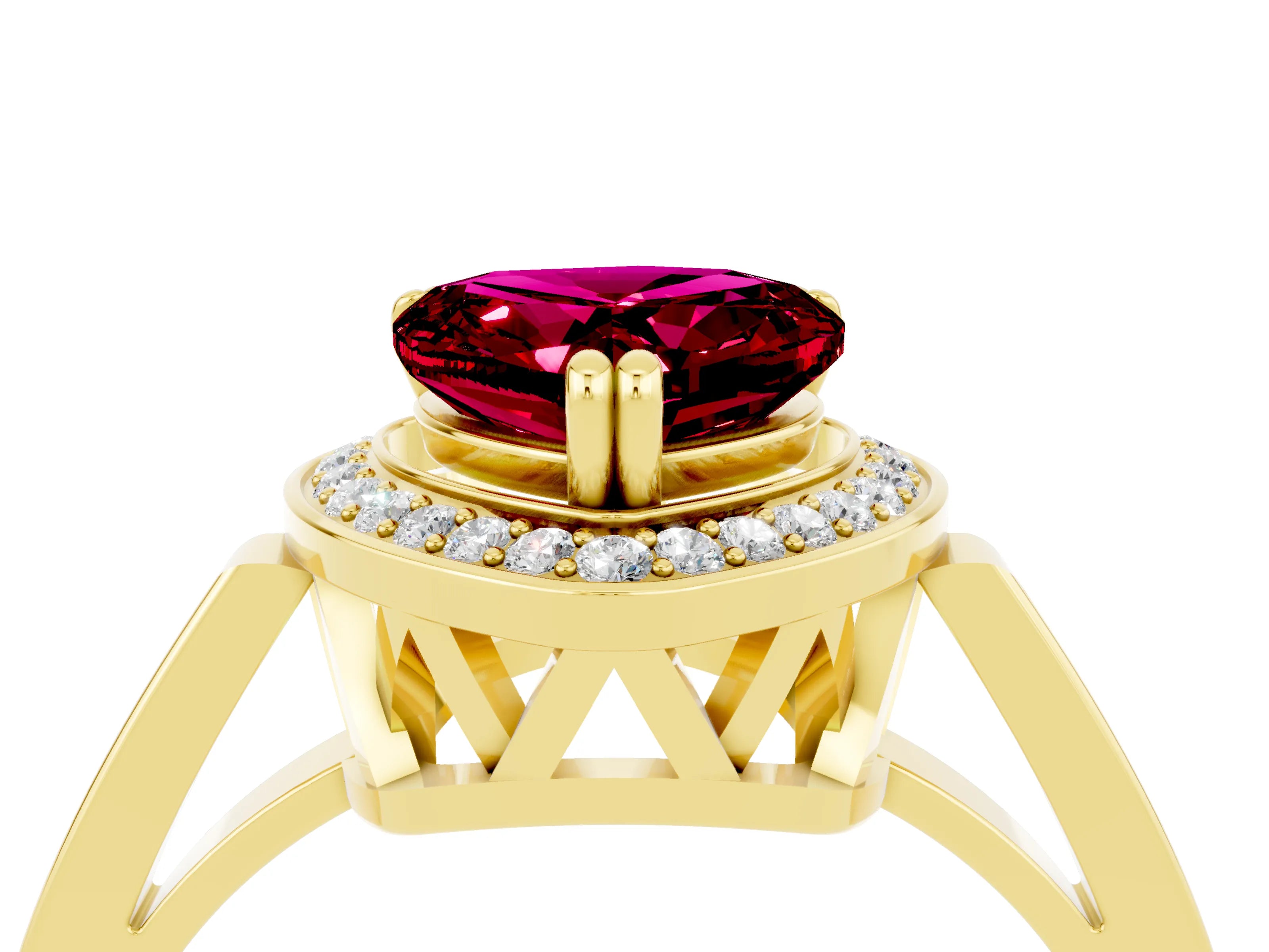 Yellow gold {shape_name} Garnet Halo Ring with Split Shank and Four-Prong Setting_4