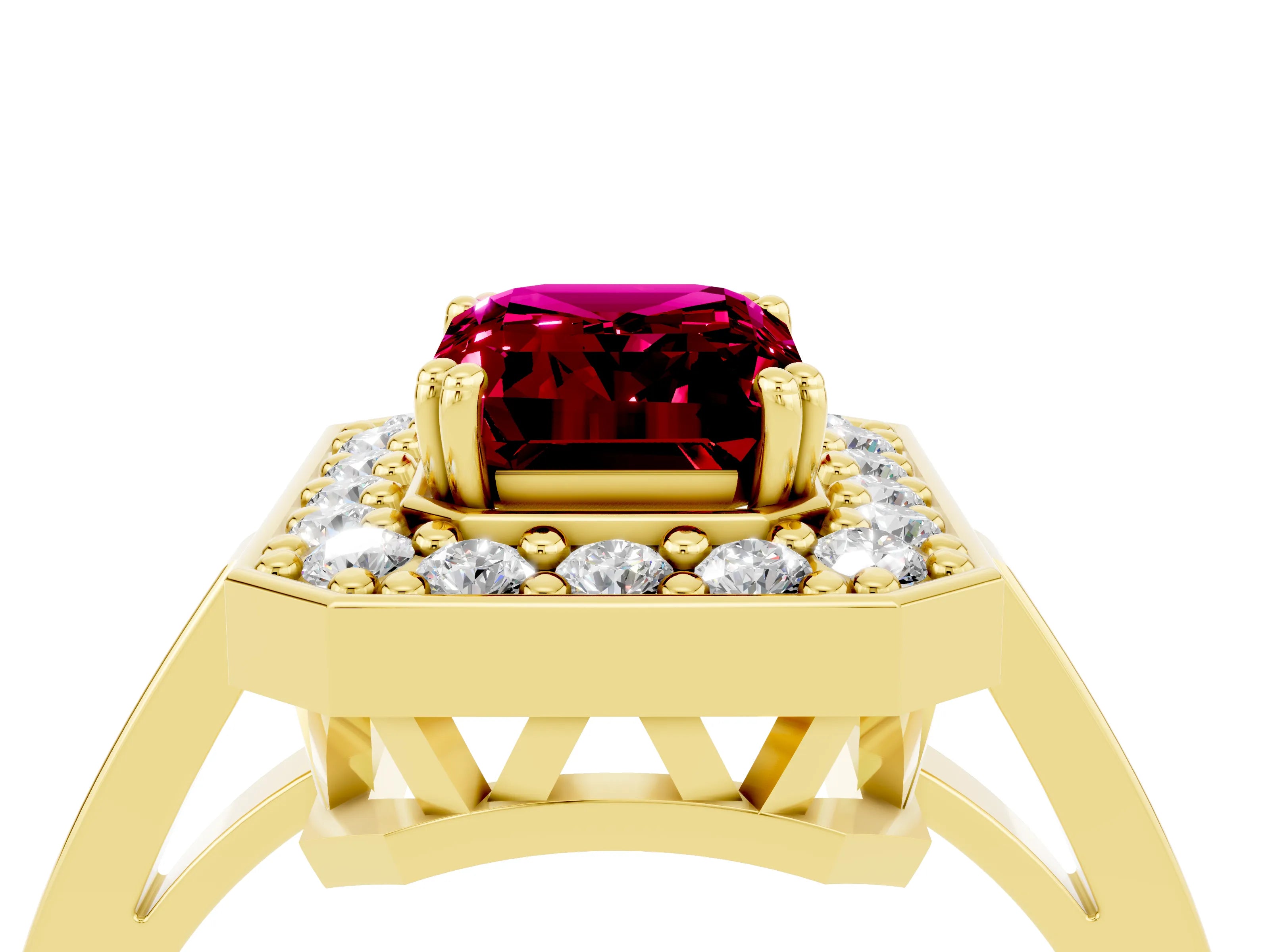 Yellow gold {shape_name} Garnet Halo Ring with Split Shank and Four-Prong Setting_4
