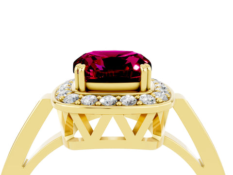 Yellow gold {shape_name} Garnet Halo Ring with Split Shank and Four-Prong Setting_4