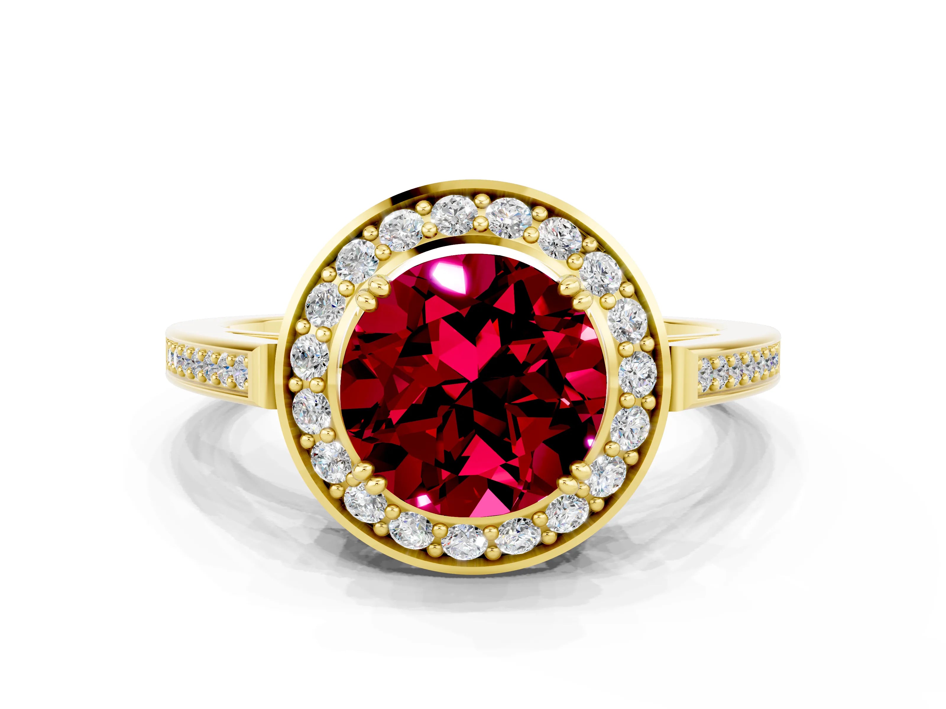 Yellow gold {shape_name} Garnet Halo Ring with Split Shank and Four-Prong Setting