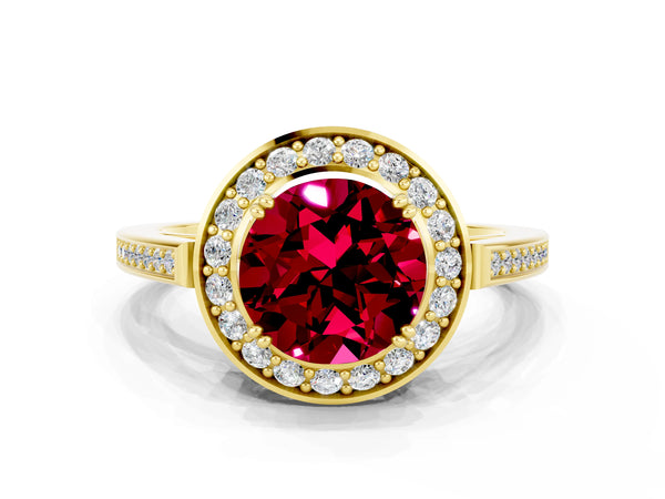 Yellow gold Round Cut Garnet Halo Ring with Split Shank and Four-Prong Setting