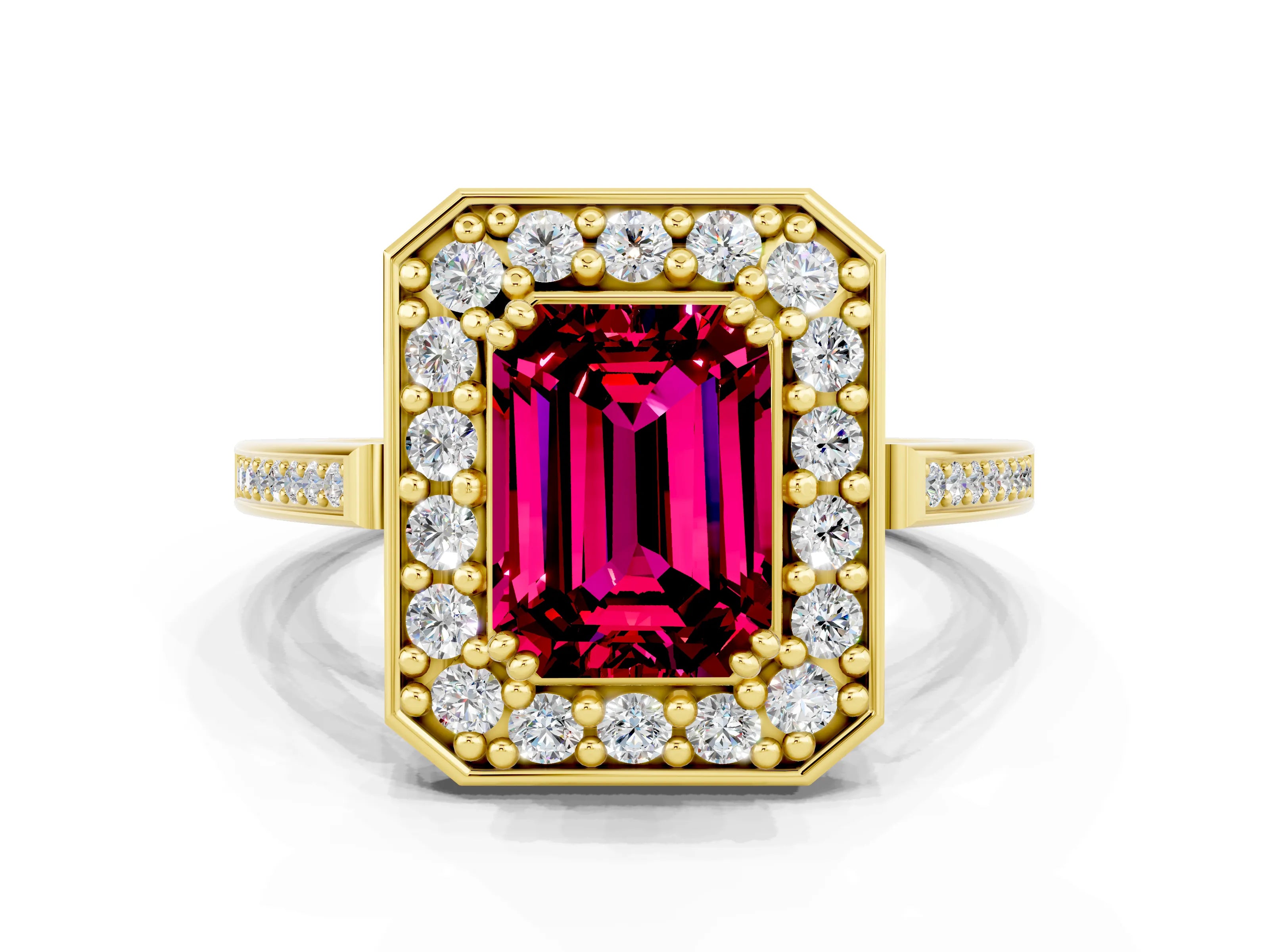 Yellow gold {shape_name} Garnet Halo Ring with Split Shank and Four-Prong Setting